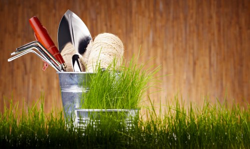 A close-up view of a small section of a garden lawn in Lewisham, featuring lush green grass in the foreground with evenly cut blades. Behind the grass, there are two metal gardening buckets, one containing a rolled-up twine spool and a pair of gardening shears with red handles, and the other holding a bundle of vibrant green grass or plant shoots. The background displays a warm-toned wooden fence, indicating an outdoor residential garden setting, with natural daylight illuminating the scene. The setting emphasizes the care and maintenance of a neat, healthy garden, aligning with professional garden and lawn care services provided by Landscapers Lewisham in the local area.
