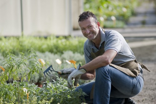 A smiling man crouches in a well-maintained garden in Lewisham, working among green plants with small yellow and white flowers. He is wearing a light blue shirt, dark jeans, gardening gloves, and a brown apron, holding a garden rake. The garden features a lush, green lawn, neatly trimmed hedges, and a variety of plants in flower beds bordered with soil and paving. In the background, a wooden fence and steps lead to a higher outdoor area, with natural sunlight casting soft shadows. The scene reflects careful garden maintenance typical of professional landscaping services provided by companies like Landscapers Lewisham, emphasizing tidy, healthy outdoor spaces suitable for relaxing or outdoor activities.